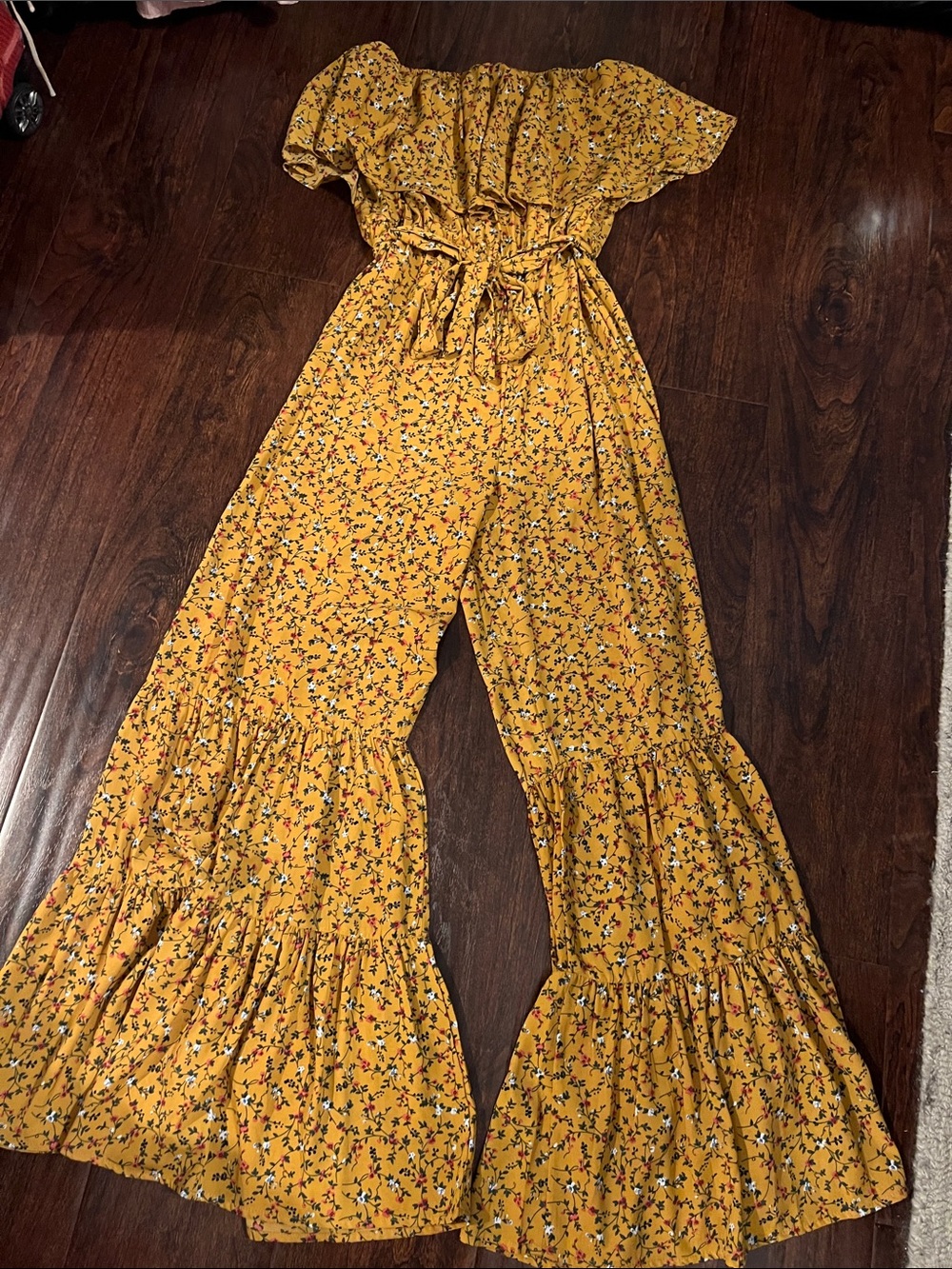 Umgee Mustard Floral Off-Shoulder Tiered Wide-Leg Jumpsuit